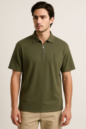 Olive Zip Neck Polo T-Shirt