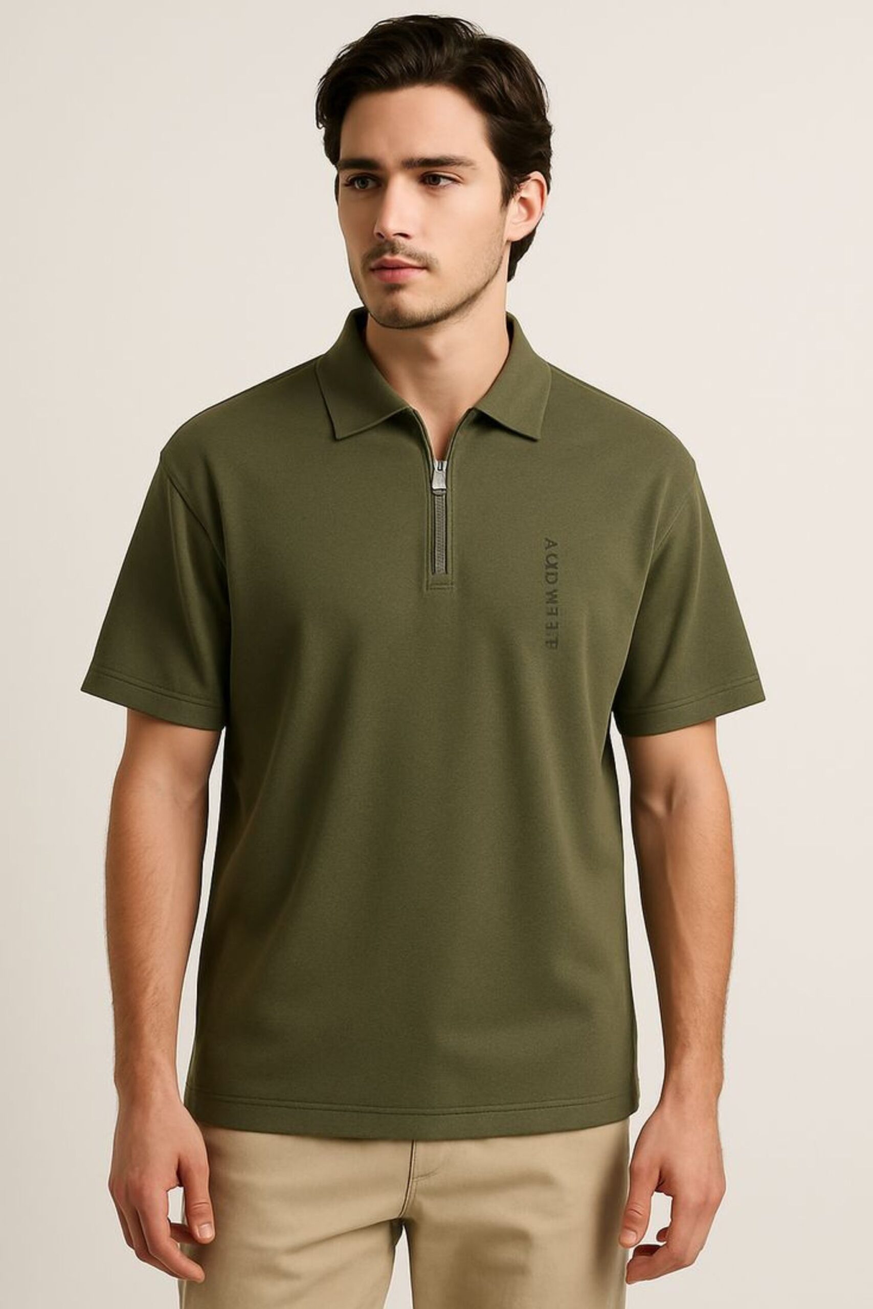 Olive Zip Neck Polo T-Shirt